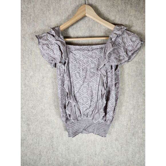 YOUNG FABULOUS & BROKE Gray Ruffle Short Sleeve Cotton Boho Hippie Top SZ S - Picture 2 of 8